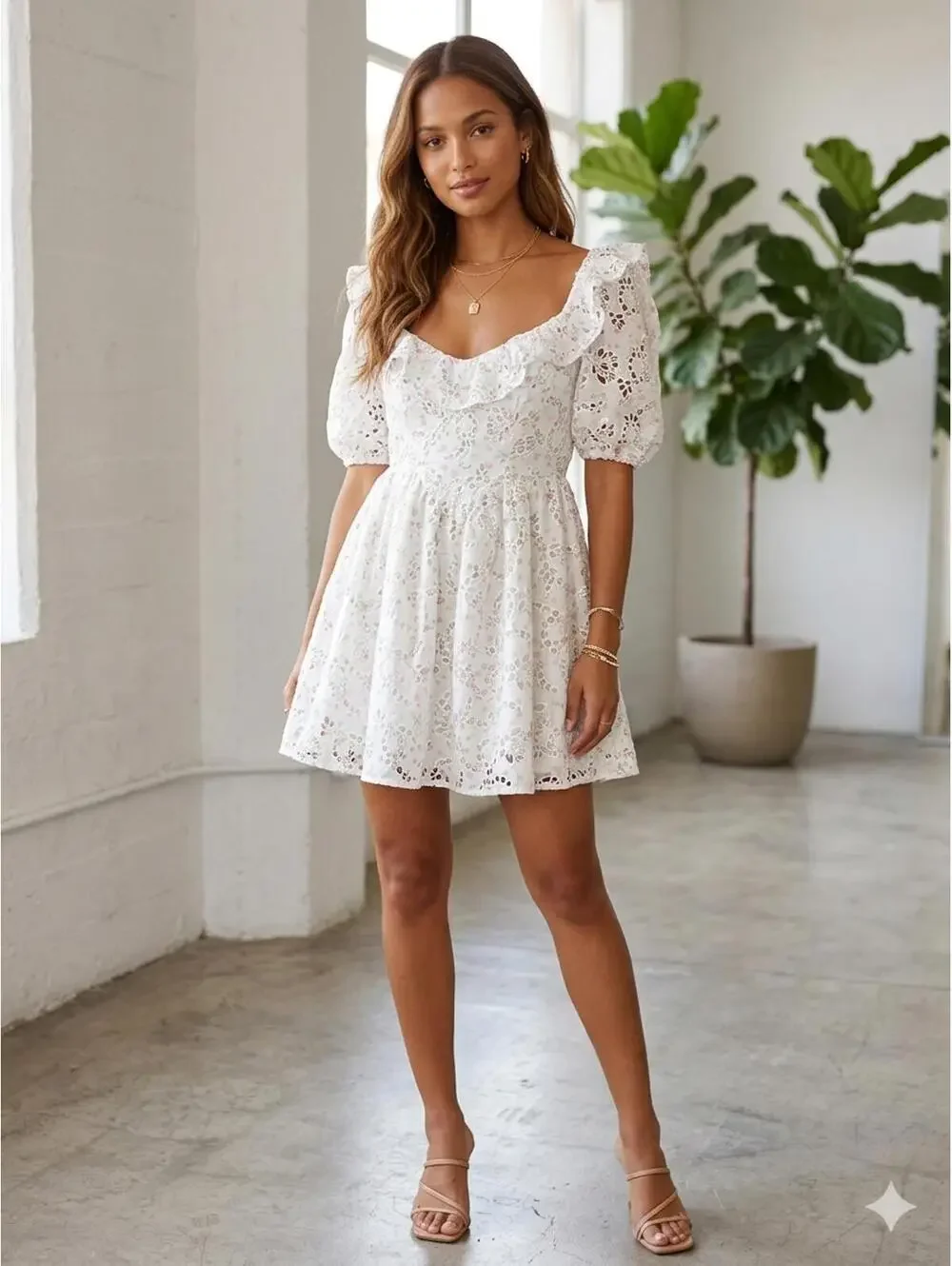 For Love & Lemons L Floral Eyelet Mini Dress cottagecore - Picture 2 of 8